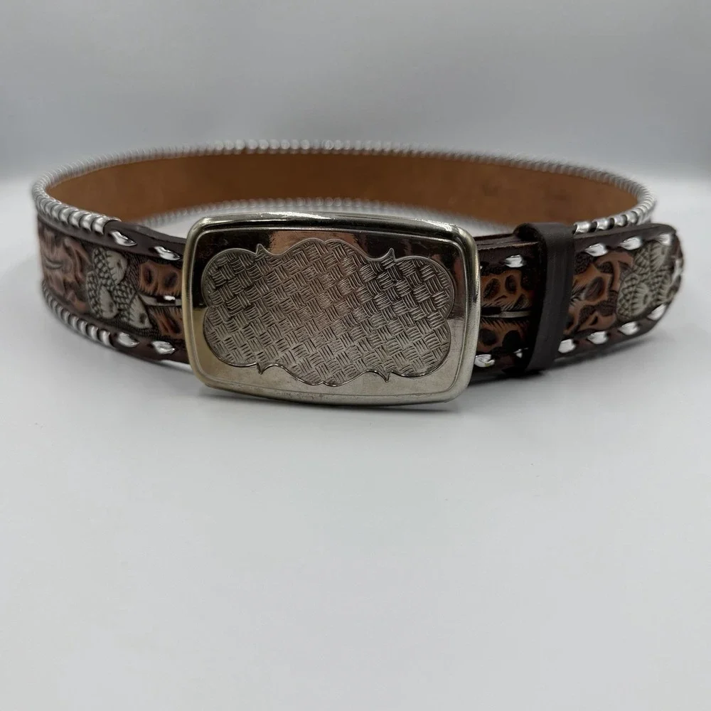 Hand Painted Western Cowboy Brown Leather Belt‎ Silver Buckle/Detail Size 38